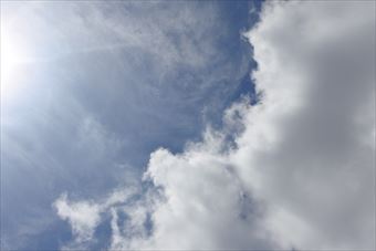 太陽がまぶしいです。雲は多いけど夏の空です