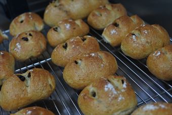 丸いチョコレートパンが並んでいます